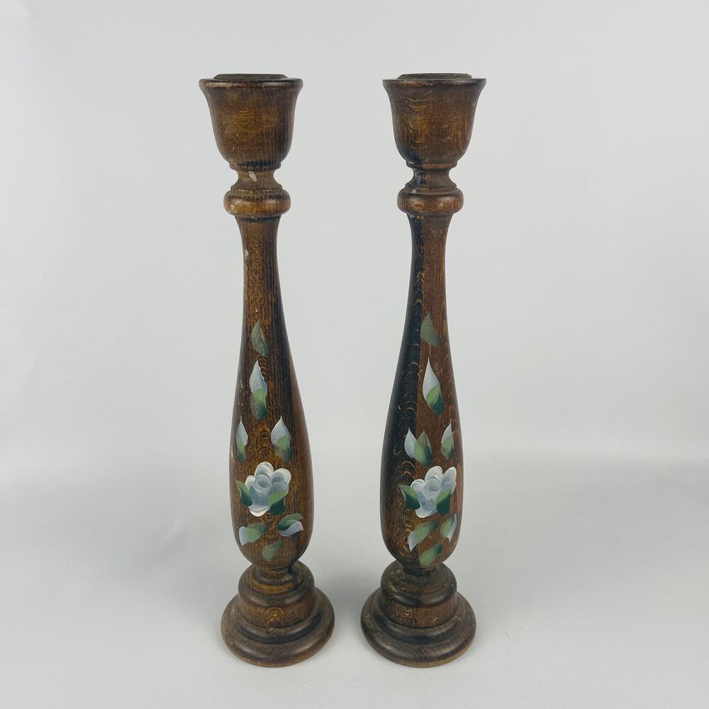 Vintage Turned-Wood Painted Toleware Candlestick Holders Pair 11 1/8"
